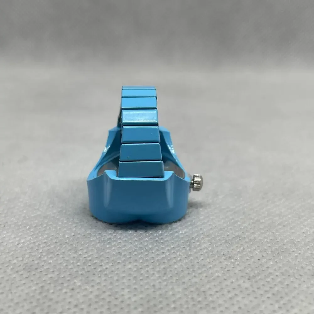 Retro Blue Enameled Stainless Steel Stretch Band Ring Watch With Rhinestones